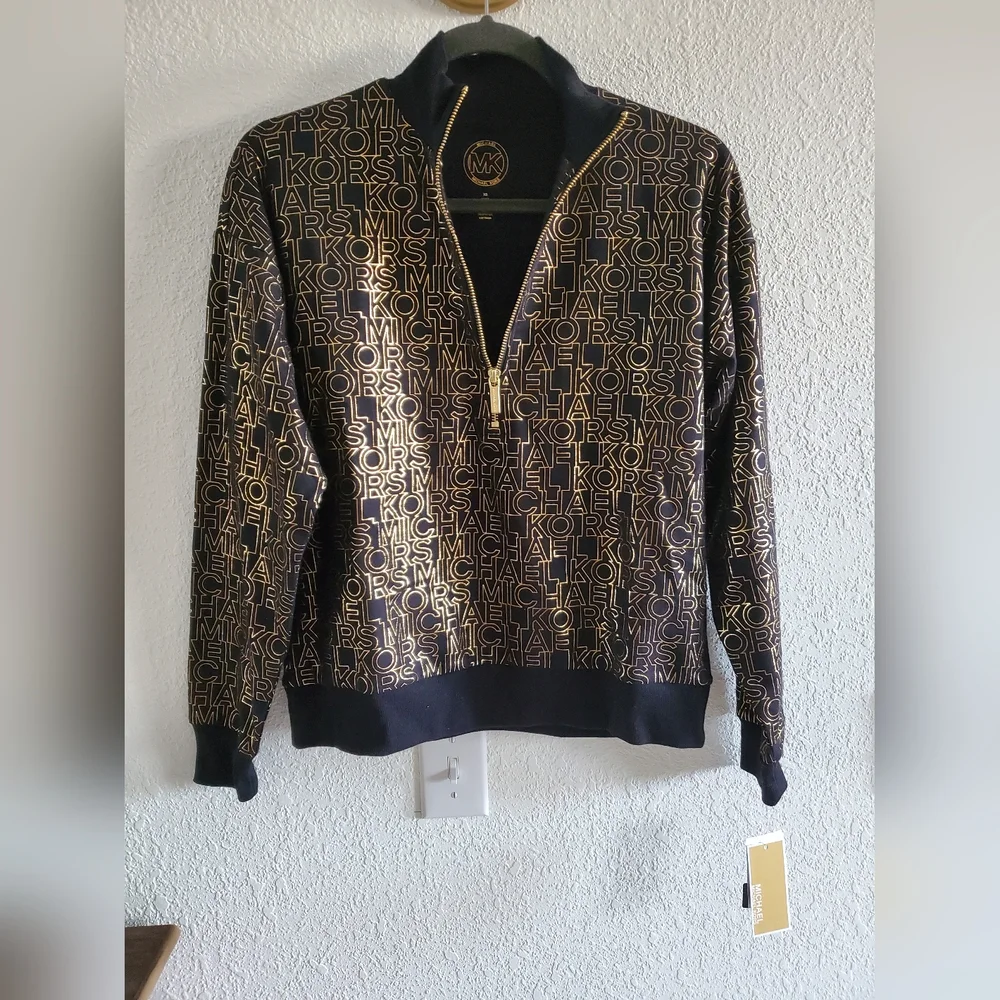 MICHAEL KORS women`s sweatshirt allover Monogram Logo 1/2 zip Size XS $98